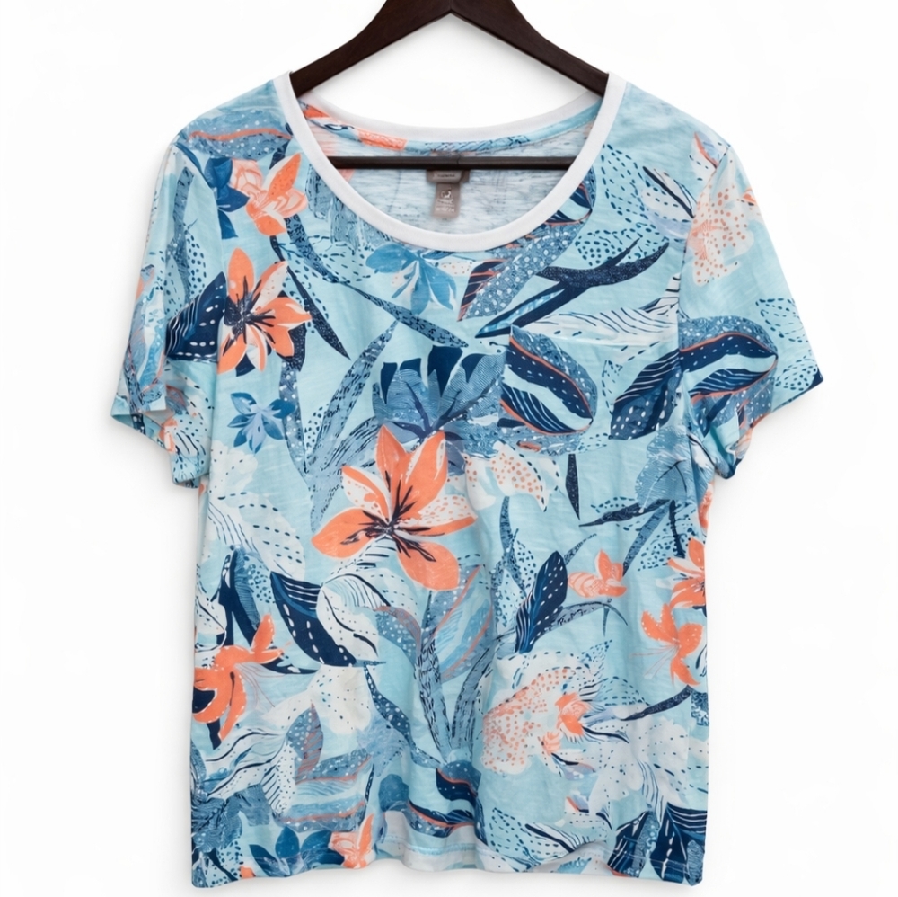 Chicos Blue Floral Short Sleeve Cotton Tee Sz 2 (Lg)